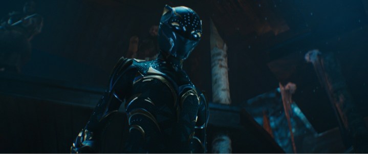 Black Panther se prepara para la batalla en Black Panther: Wakanda Forever.