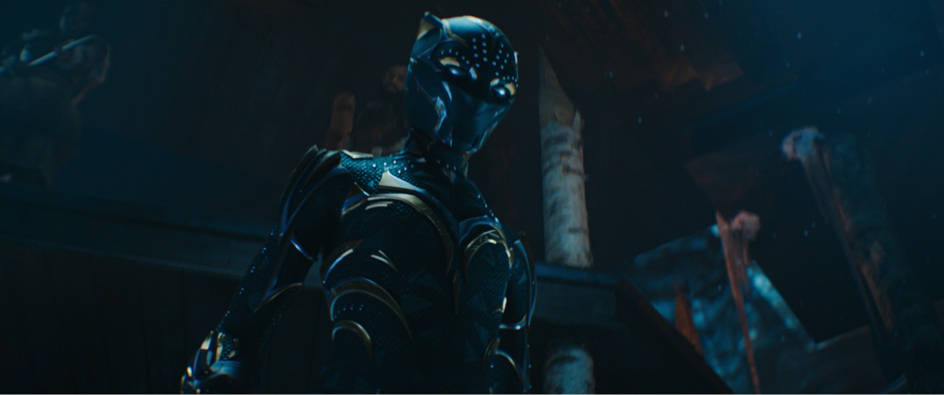 Black Panther se prepara para la batalla en Black Panther: Wakanda Forever.