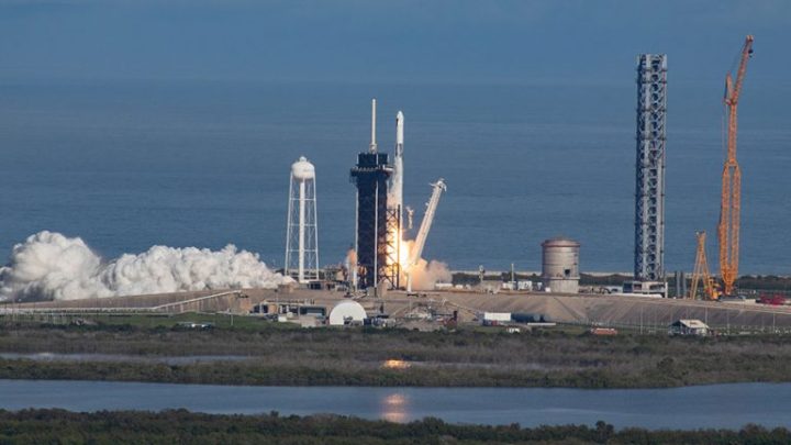 The SpaceX Falcon 9 rocket carrying the Dragon cargo craft lifts off from NASA’s Kennedy Space Center to the International Space Station on Nov. 26, 2022.