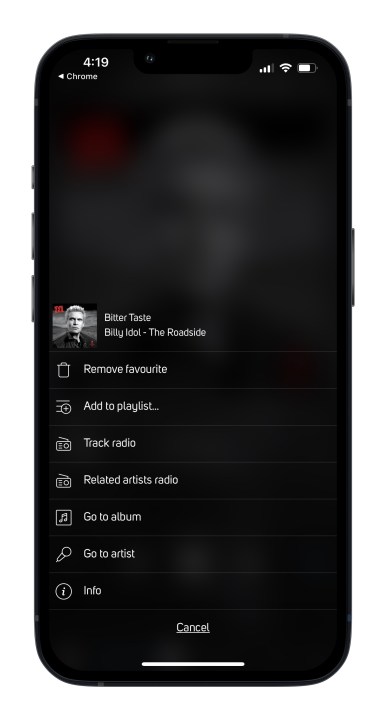 App BluOS per la schermata dei dettagli di riproduzione di iOS.
