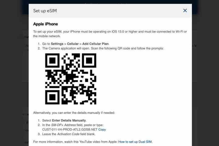Example of QR code and carrier instructions for setting up an eSIM on an iPhone.