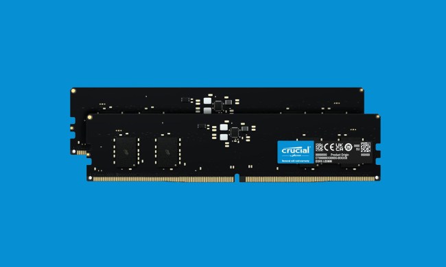 Product shot of the Crucial DDR5 memory modules on a blue background.