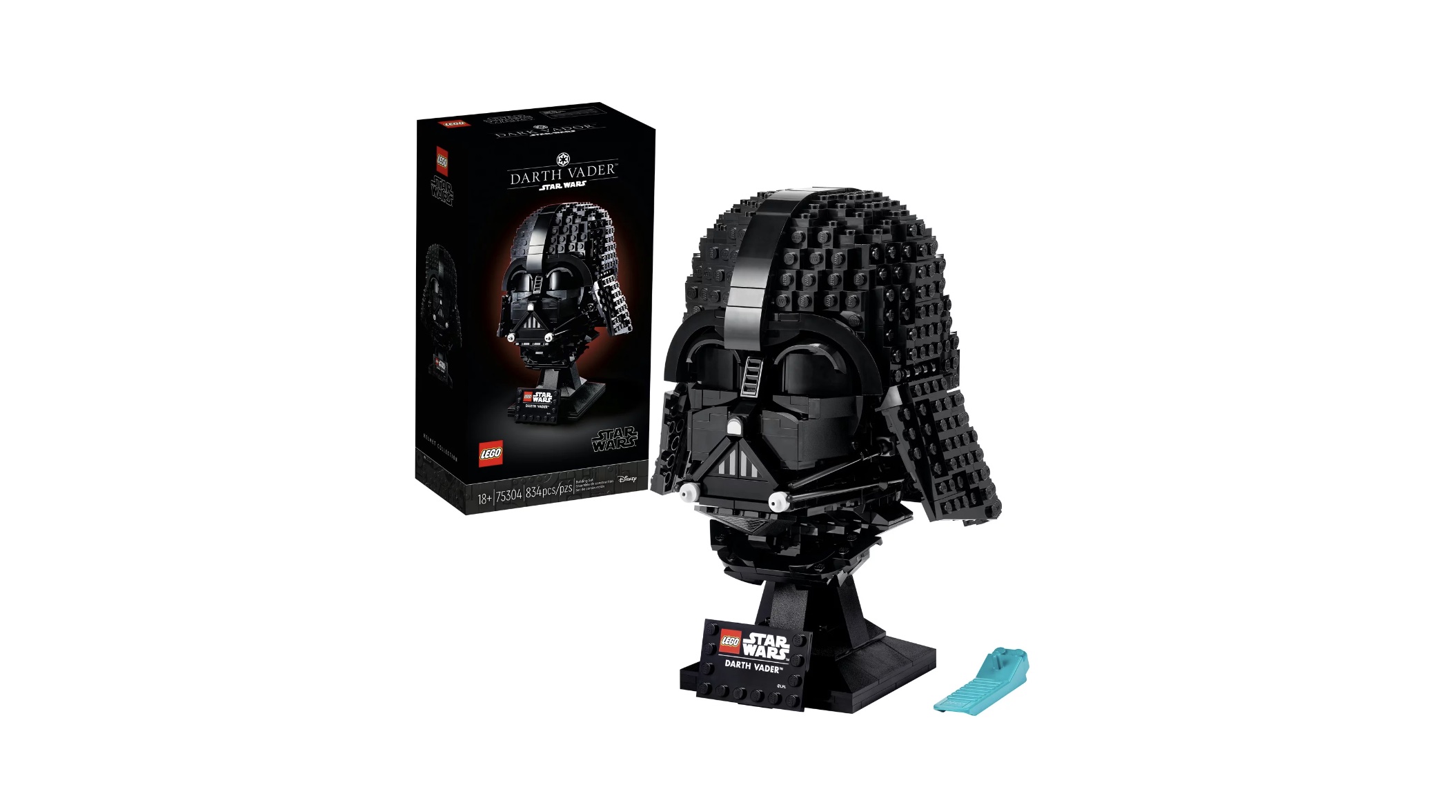 Conjunto de capacete Lego Star Wars Darth Vader em um fundo branco.