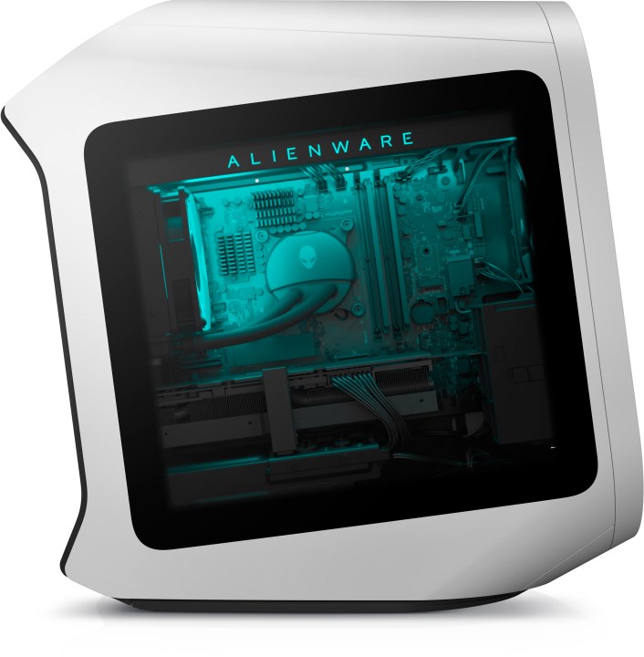 Alienware Aurora R13 gaming desktop from the side showing the components inside.