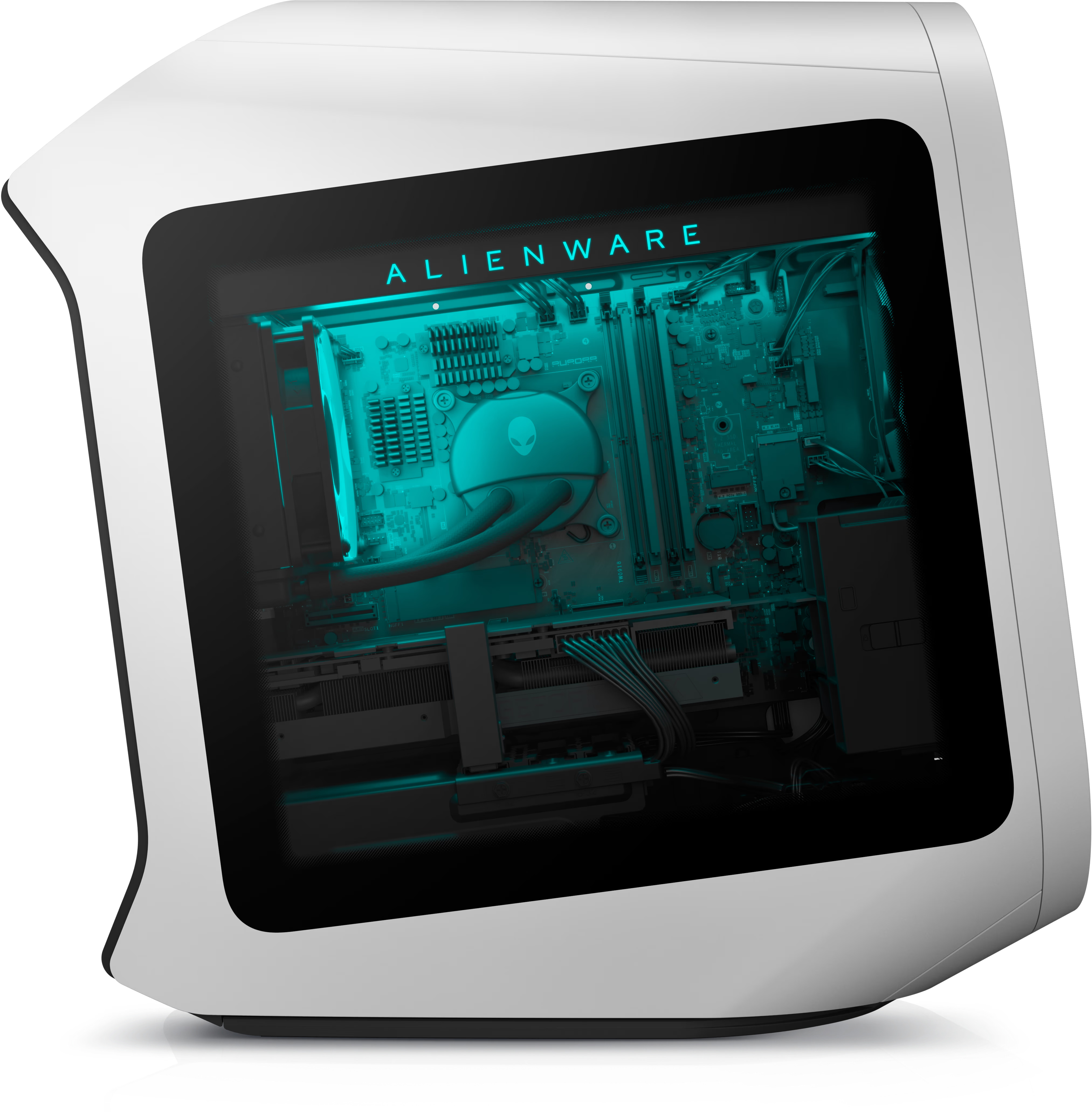Desktop para jogos Alienware Aurora R13 retratado de lado com uma visão dos componentes internos.