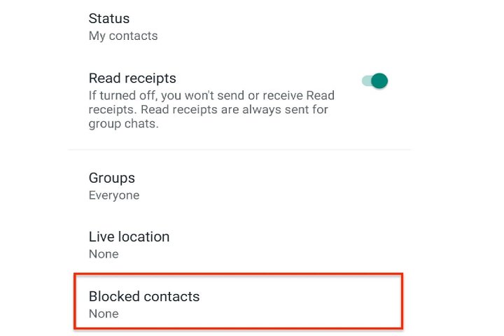 Blocked contacts option on WhatsApp Android.