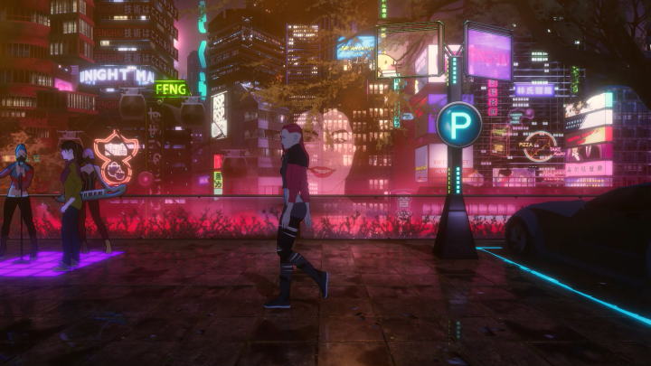 A character walking down a neon-lit cyberpunk street in Evolutis Duality.