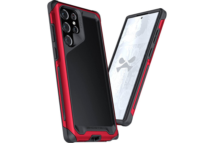 Ghostek Atomic Slim Case for the Samsung Galaxy S22 with a crystal clear back and red aluminum bumper.