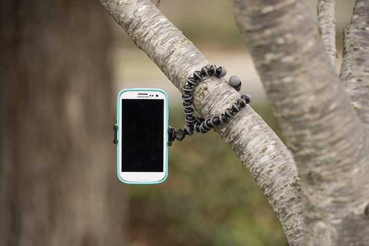 Soporte Joby GripTight GorillaPod para teléfonos grandes envuelto alrededor del tronco de un árbol.