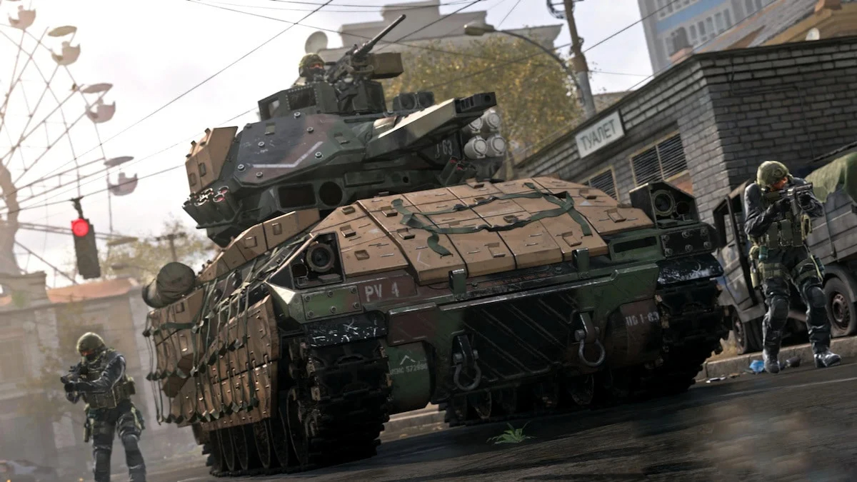 Jogadores ao redor de um tanque em Modern Warfare II.