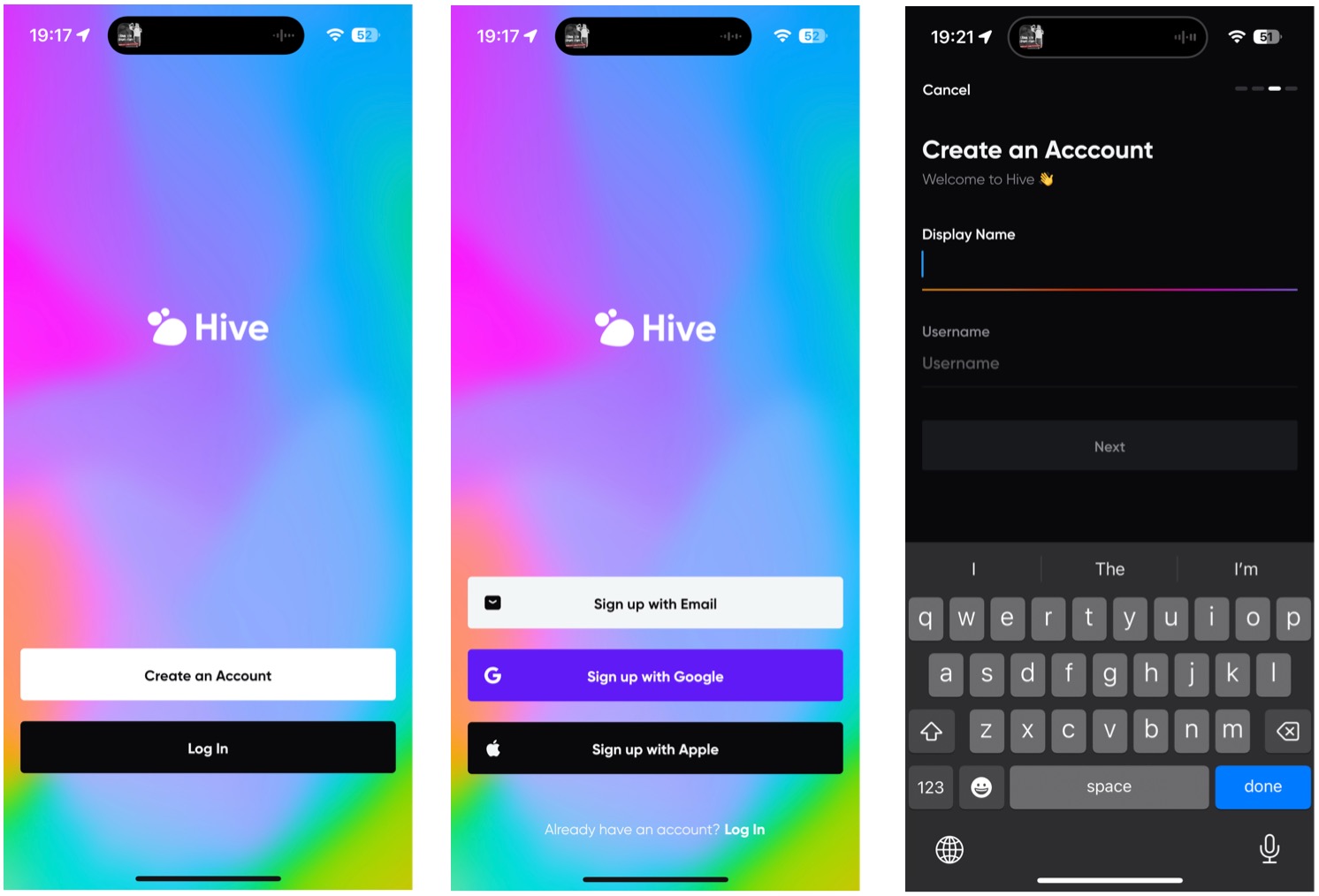 O aplicativo Hive Social cria um novo nome de usuário e senha da conta