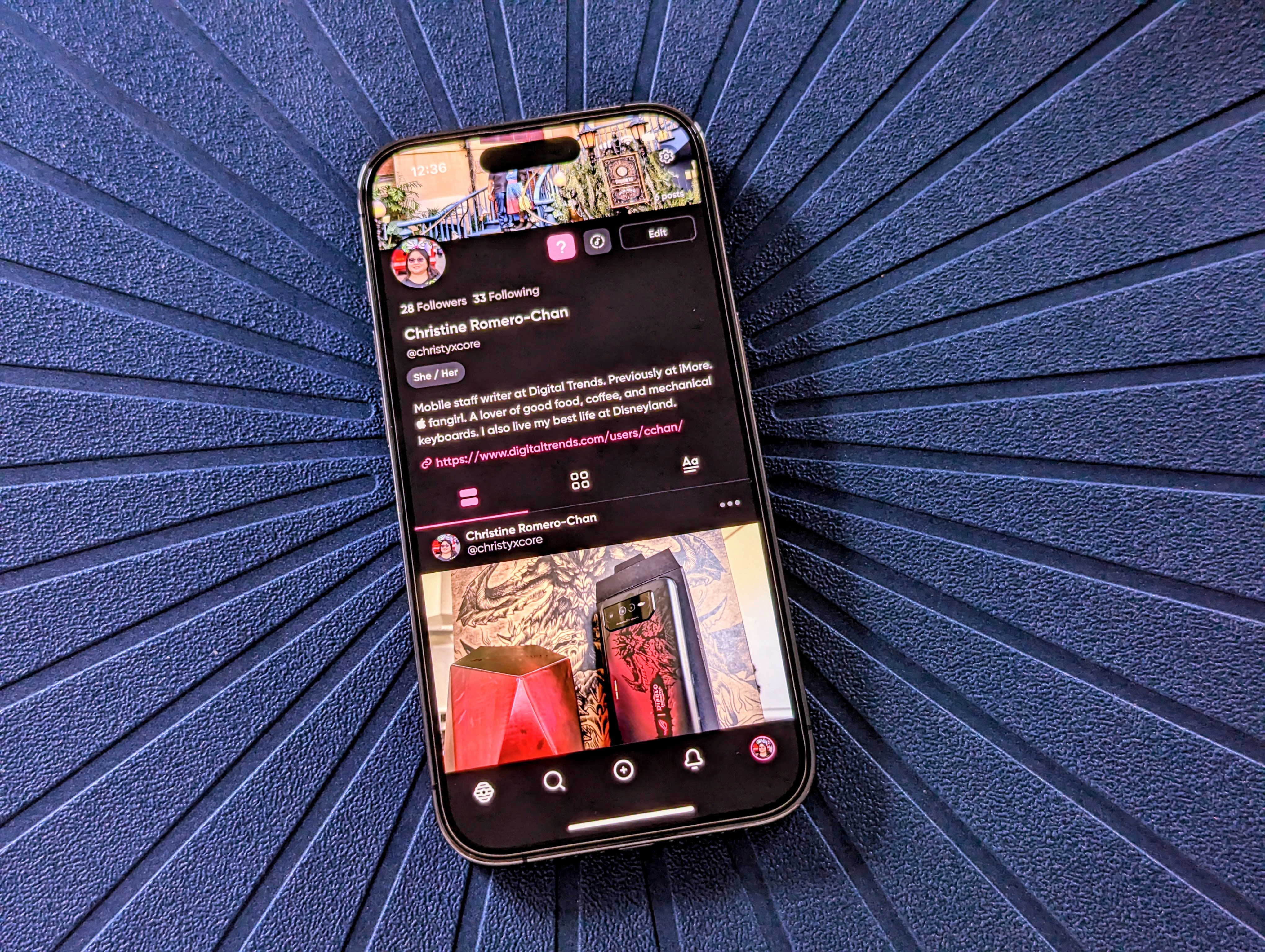Aplicación Hive Social en un iPhone 14 Pro mostrando el perfil de Christine