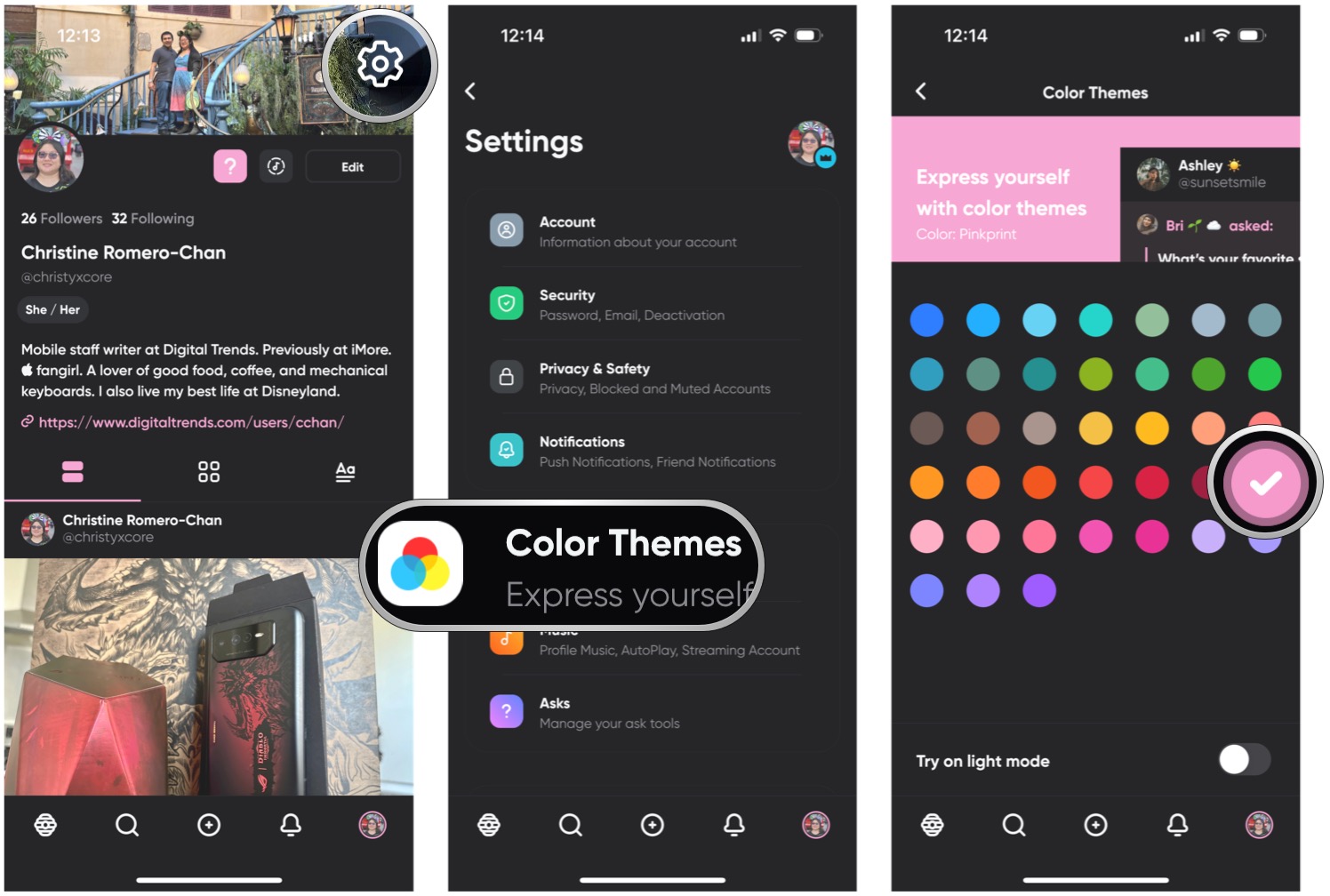 Edite a cor do tema do aplicativo no Hive Social acessando o perfil, selecione configurações, selecione temas de cores, escolha sua cor favorita nas opções disponíveis