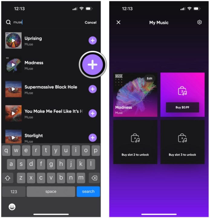 Add music to Hive Social profile by searching for a song, then selecting purple plus button to add it