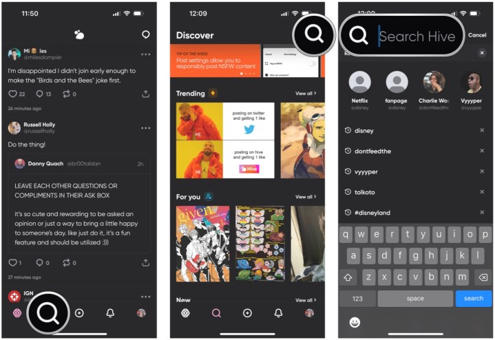 Hive Social را با رفتن به تب Discover جستجو کنید، ذره بین را انتخاب کنید، عبارت جستجوی خود را وارد کنید