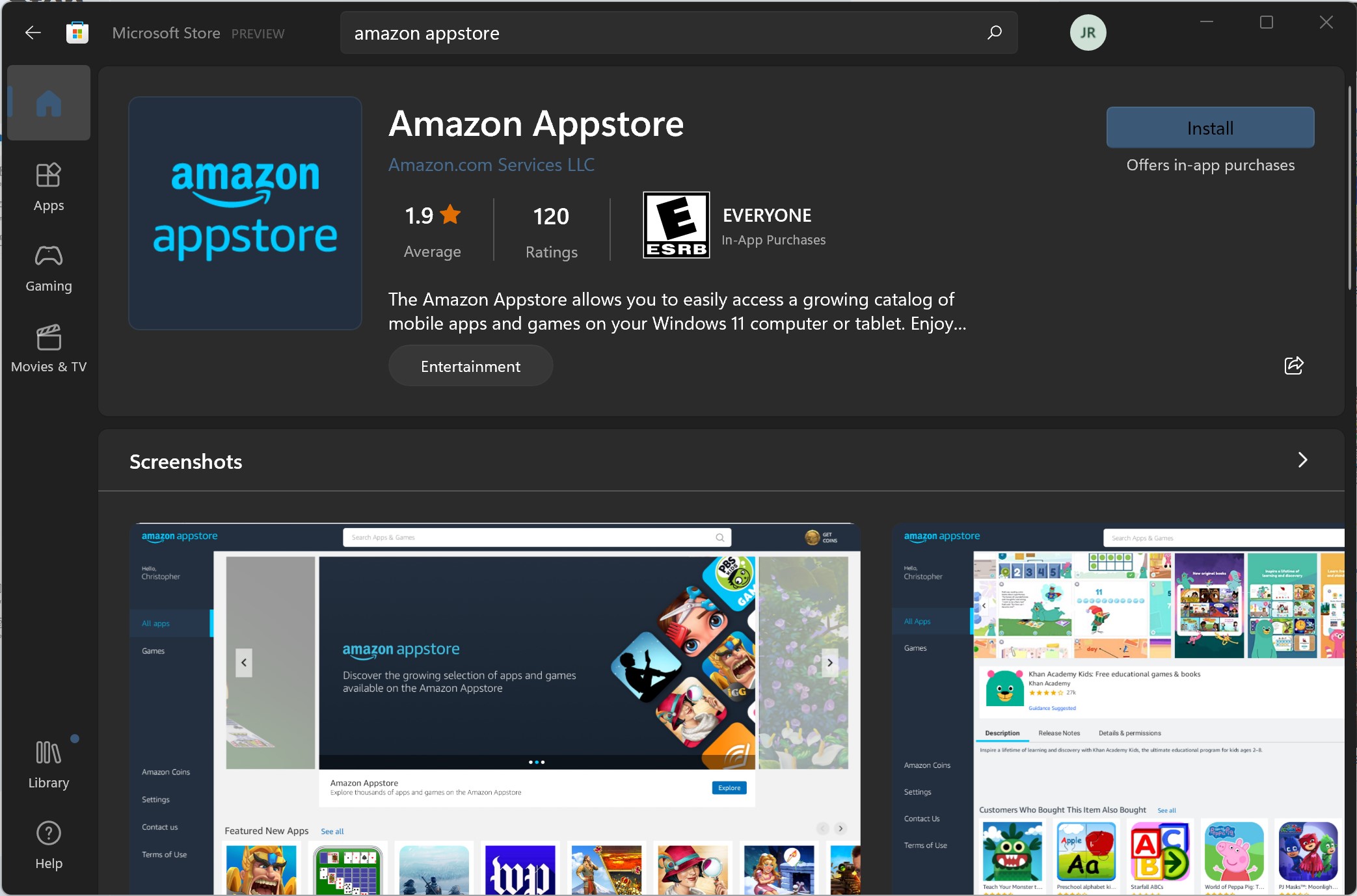 The Microsoft Store listing for Amazon Appstore.