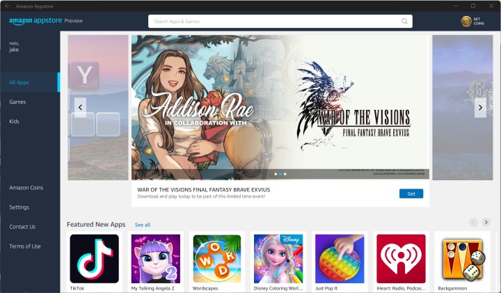 The Amazon Appstore interface once logged in.