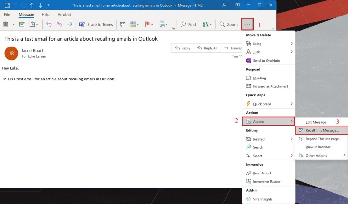 Recupere esta opção de mensagem no Outlook.