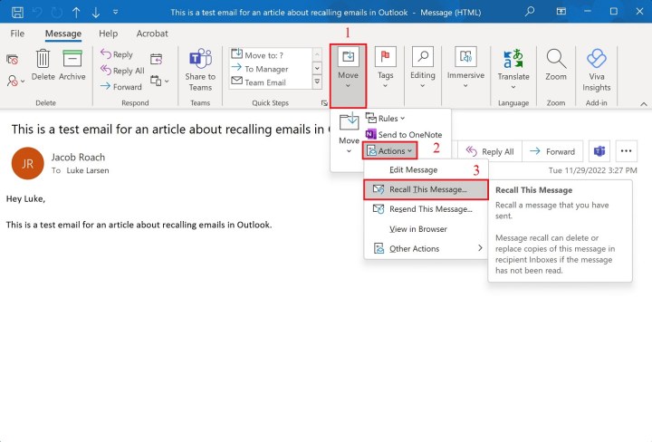 Recalling a message option in Outlook with expanded toolbar.