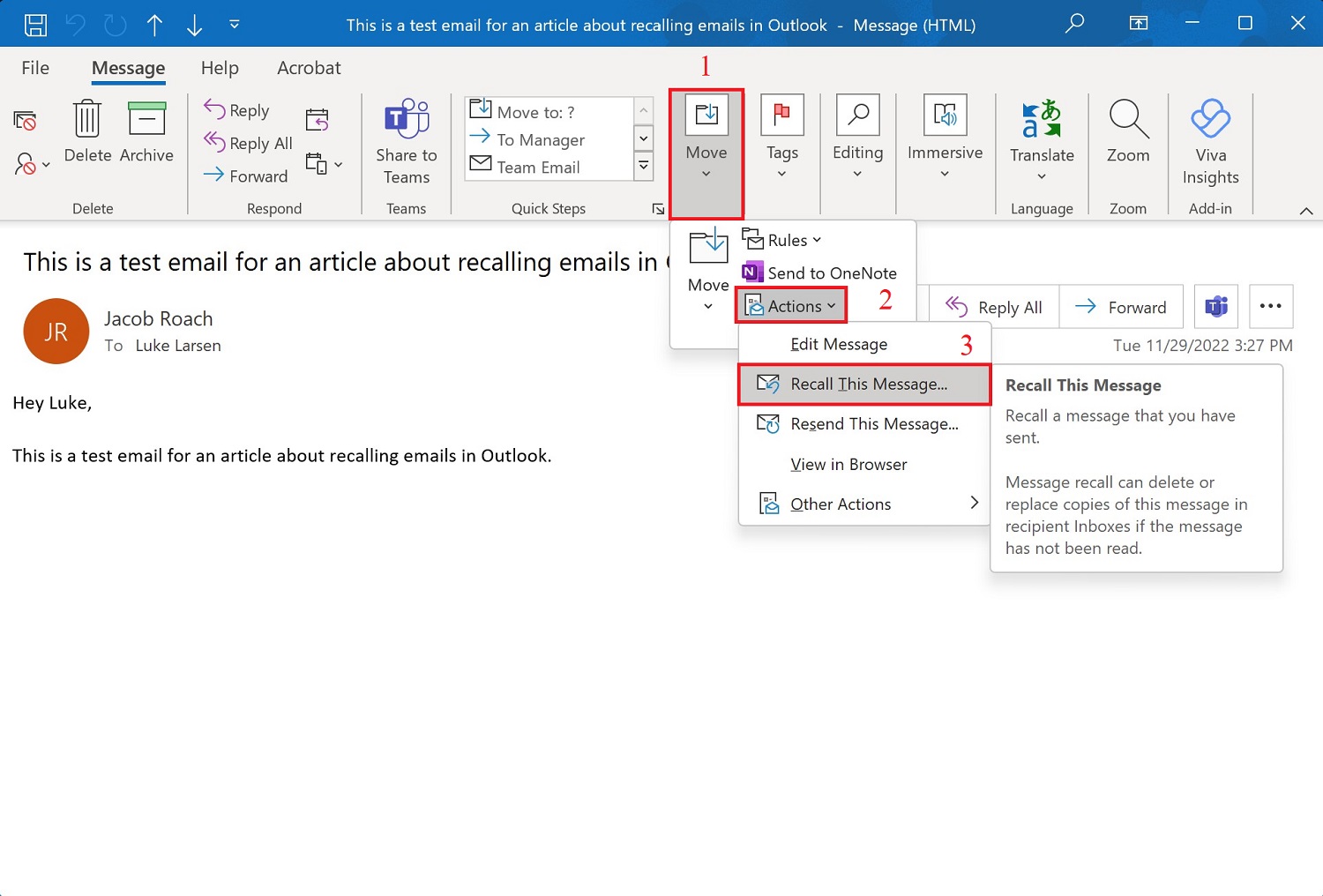 Recuperación de una opción de mensaje en Outlook con barra de herramientas expandida.