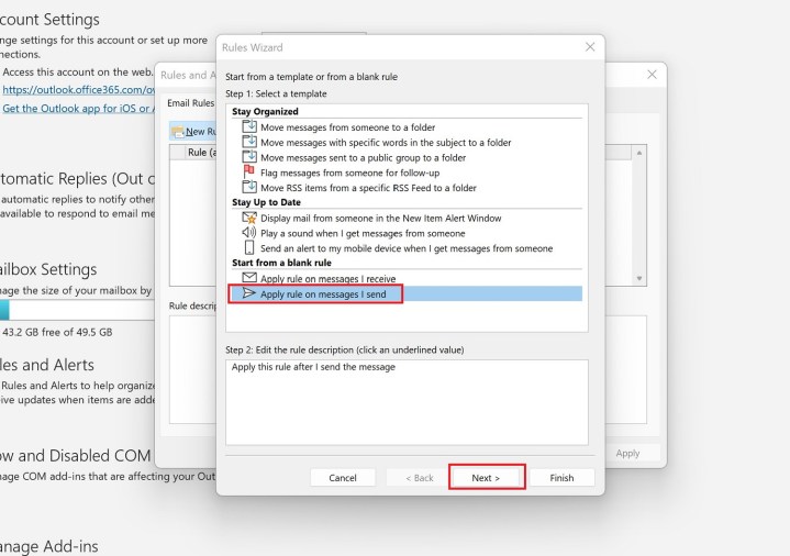 Applying a rule to a message in Outlook.