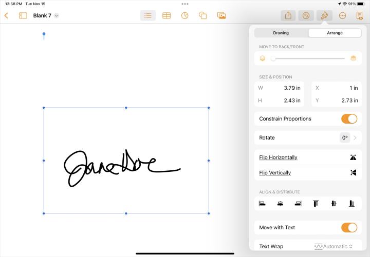 Format settings for an image in Pages on iPad.