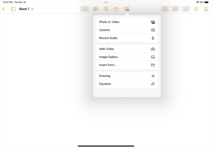 Media menu in Pages on iPad.