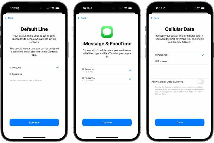 Three iPhones showing steps to choose default lines for outbound calls, iMessage, FaceTime, and cellular data.