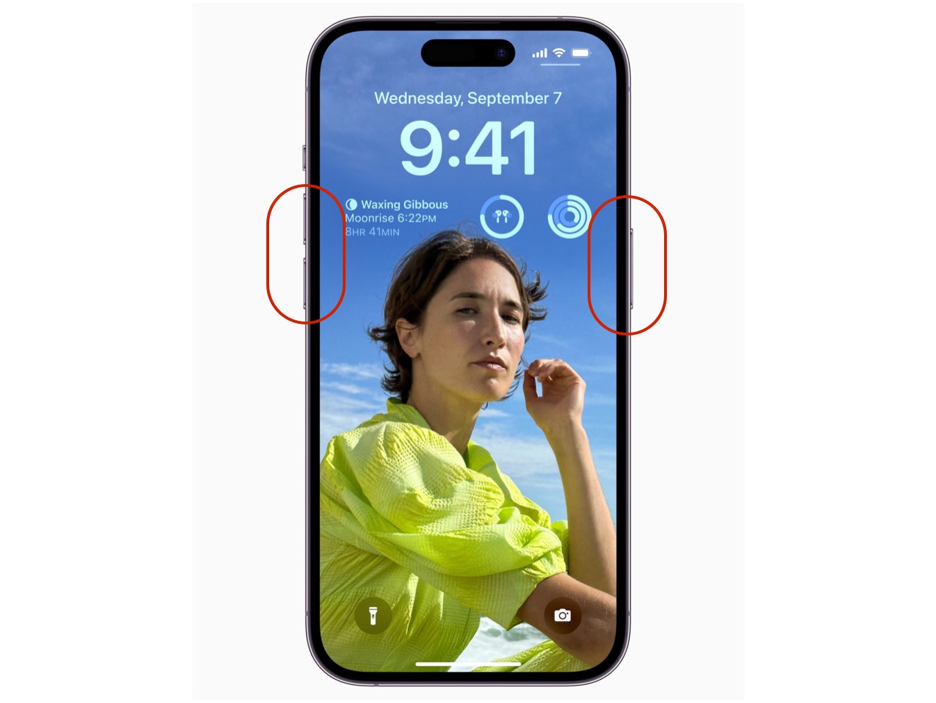 iPhone 14 Pro with iOS 16 with volume and side button circled in red