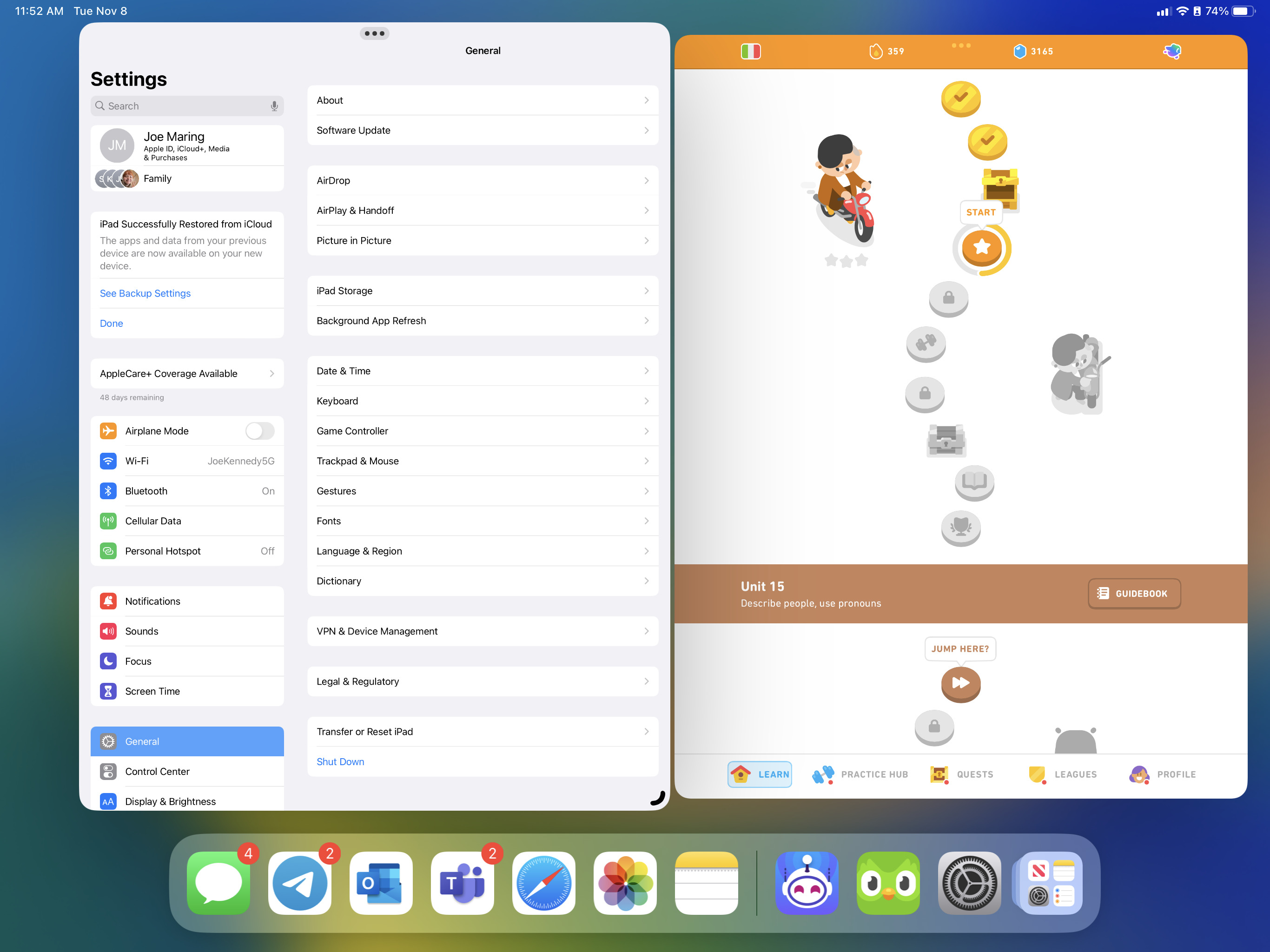 La configuración y las aplicaciones de Duolingo en iPad funcionan con Stage Manager.