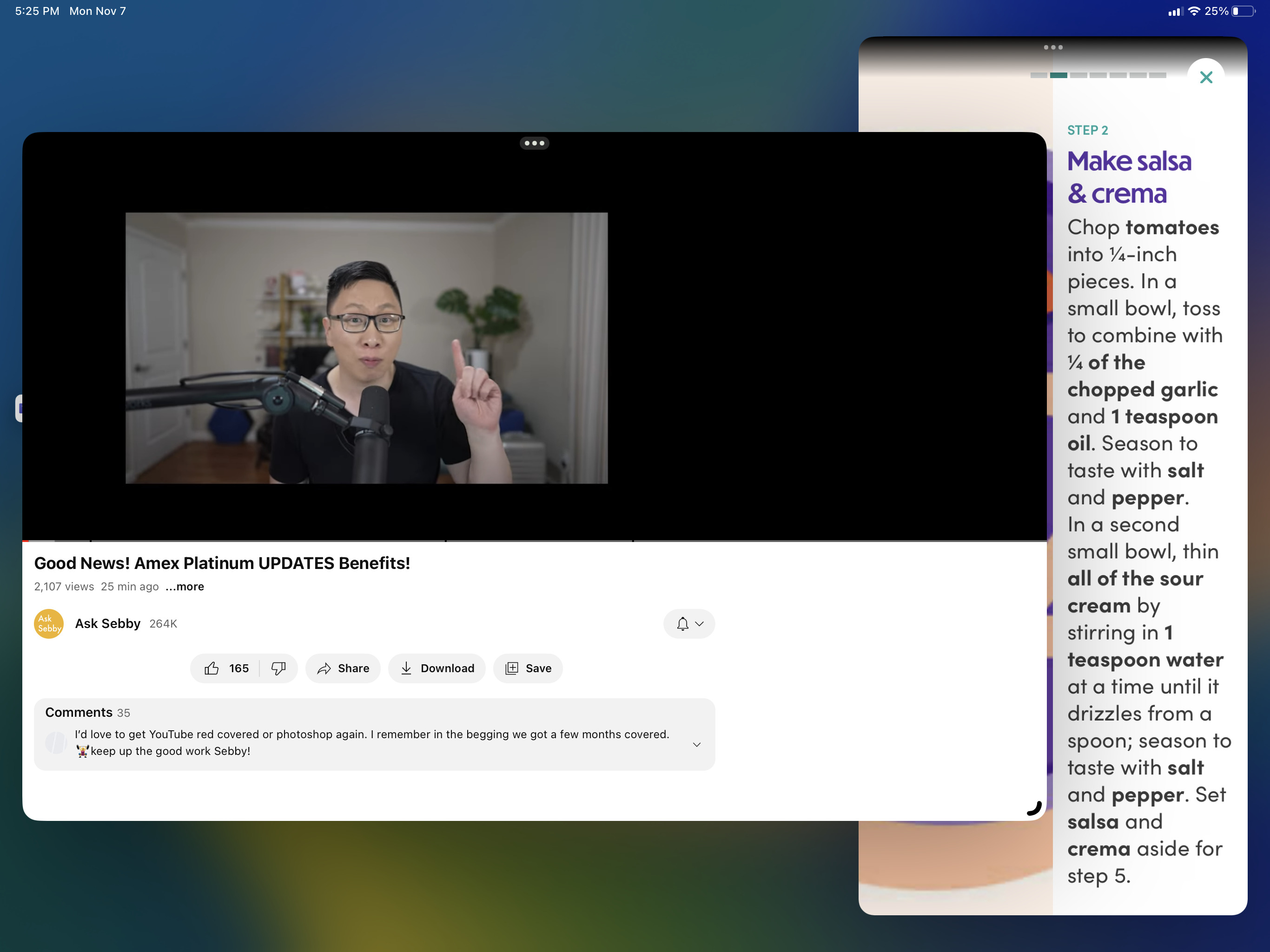 O aplicativo do YouTube executado em um iPad com Stage Manager.