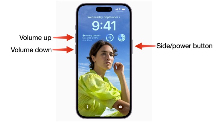 tech news iPhone 14 Pro labeled with volume up, down, and side buttons