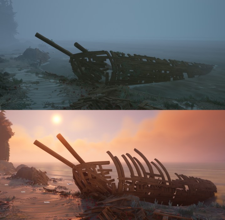 Two images side by side show a shipwreck reduced to its skeleton. 