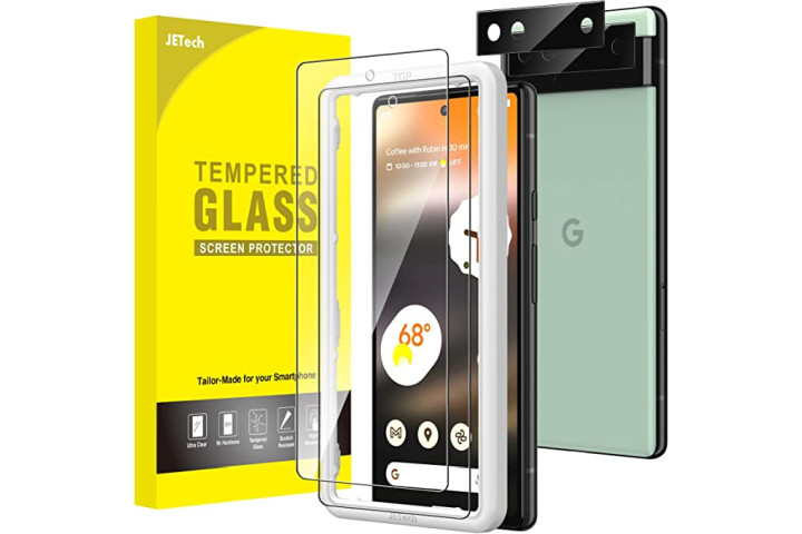 The Google Pixel 6a with JETech's Tempered Glass Screen Protector next to the retail packaging.