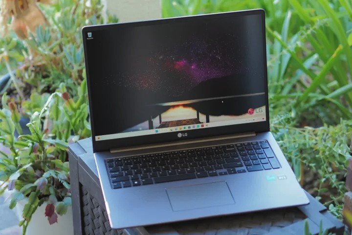 The LG UltraPC on a table outside.