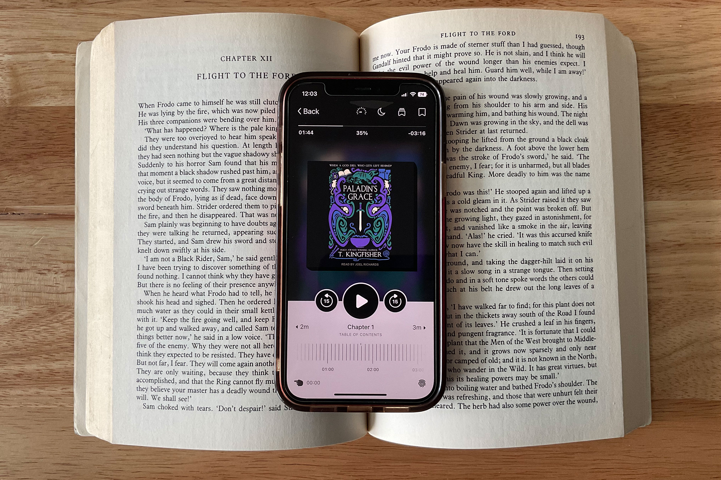O aplicativo Libby exibido em um iPhone 12 sobre um livro aberto.