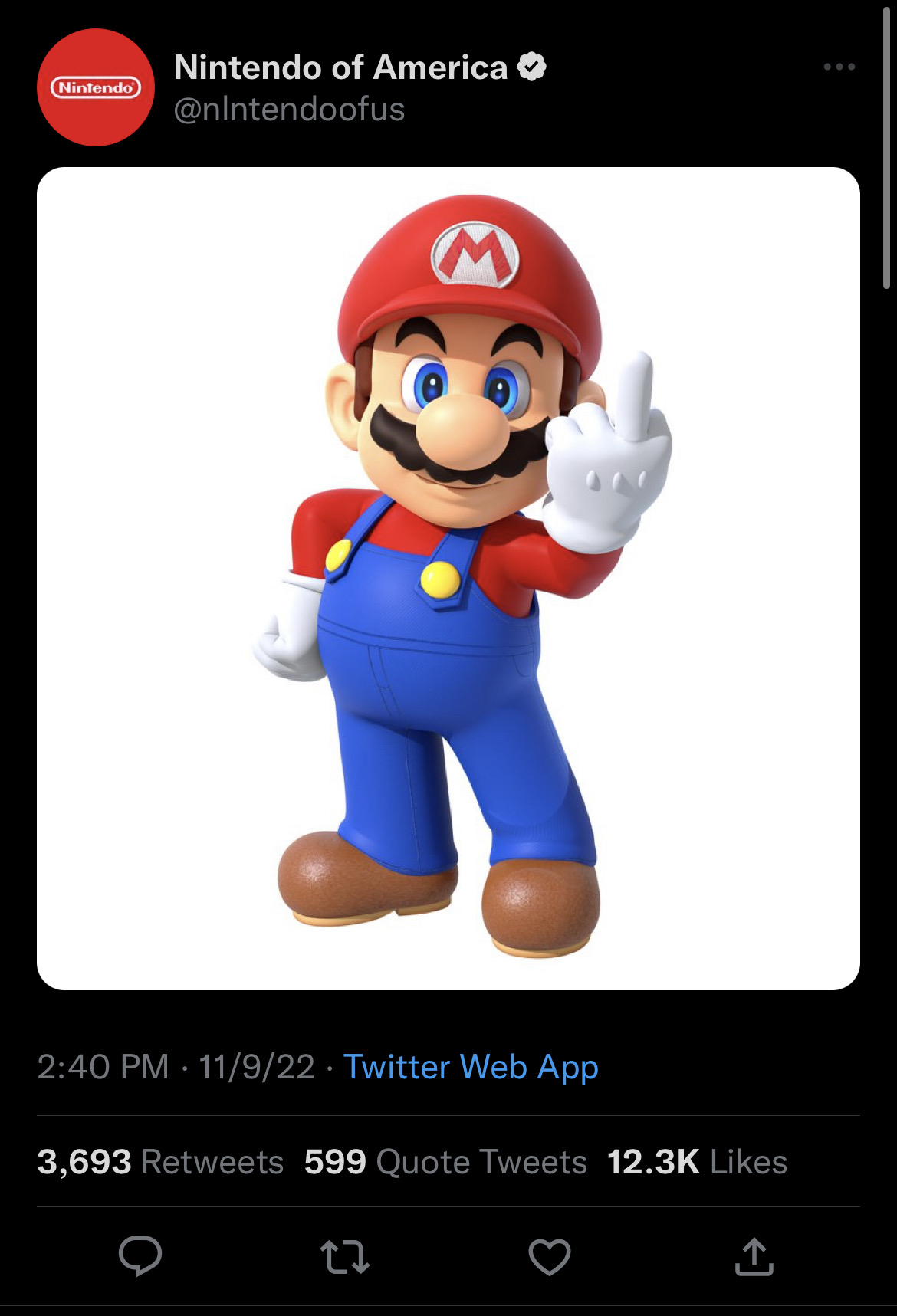 Ein gefälschter Account von Nintendo of America twittert ein Foto, auf dem Mario den Mittelfinger zeigt.