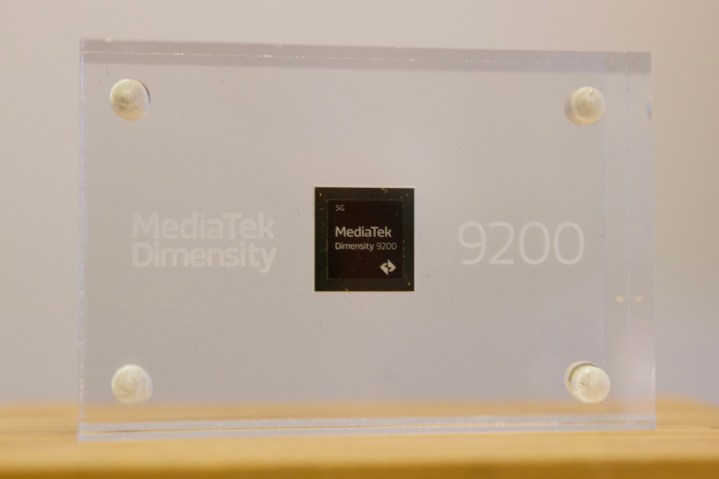 The Mediatek Dimensity 9200 in a display case.
