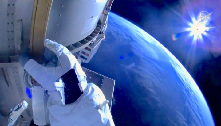 A view of Earth from an astronaut's helmet camera during a spacewalk at the ISS.