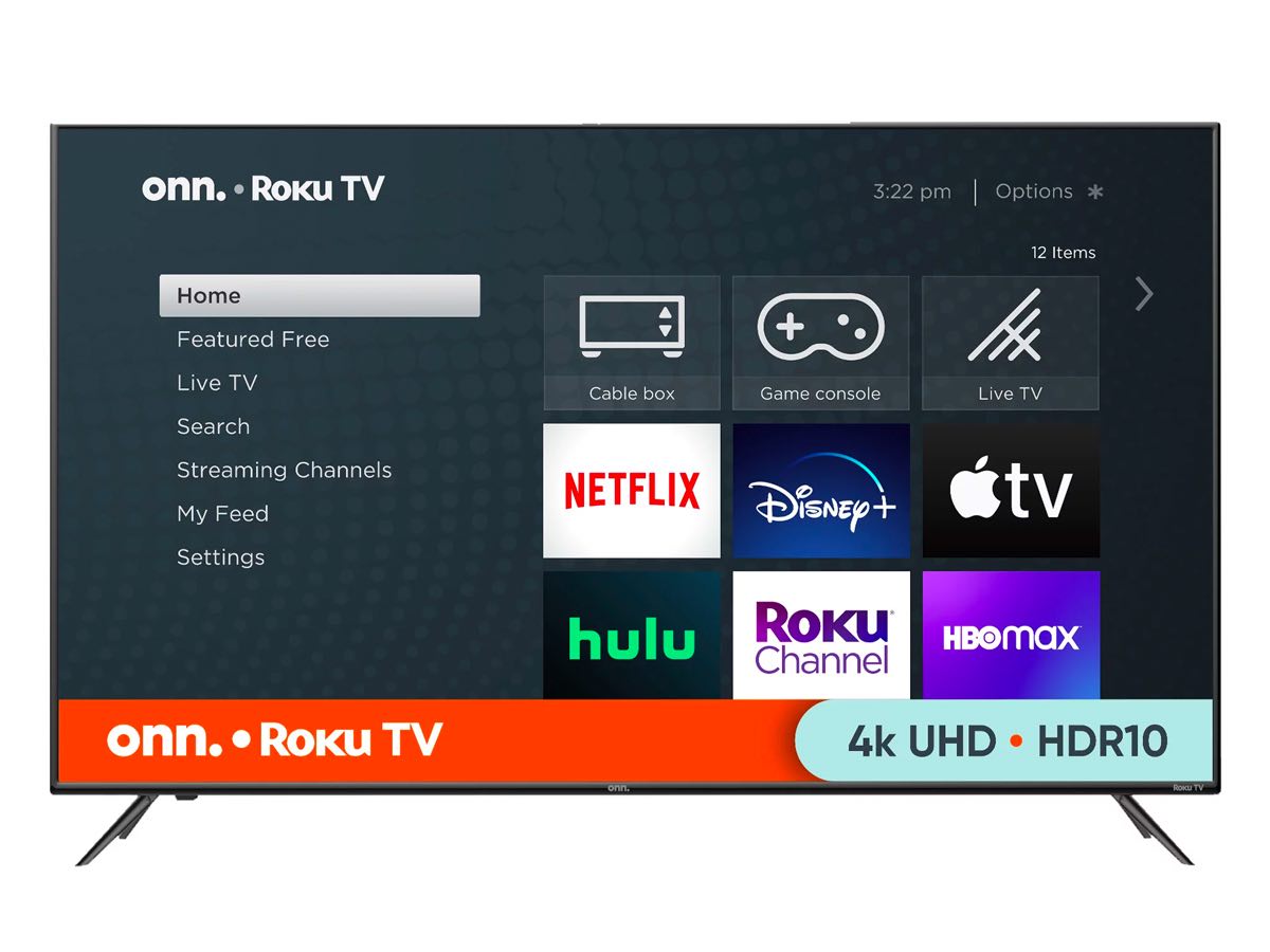 O onn.  Smart TV 4K Roku de 55 polegadas contra um fundo branco.