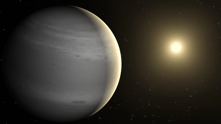 Artist’s conception of a gas giant exoplanet orbiting around a Sun-like star. The young exoplanet HD 114082 b revolves around its Sun-like star within 110 days at a distance of 0.5 astronomical units.