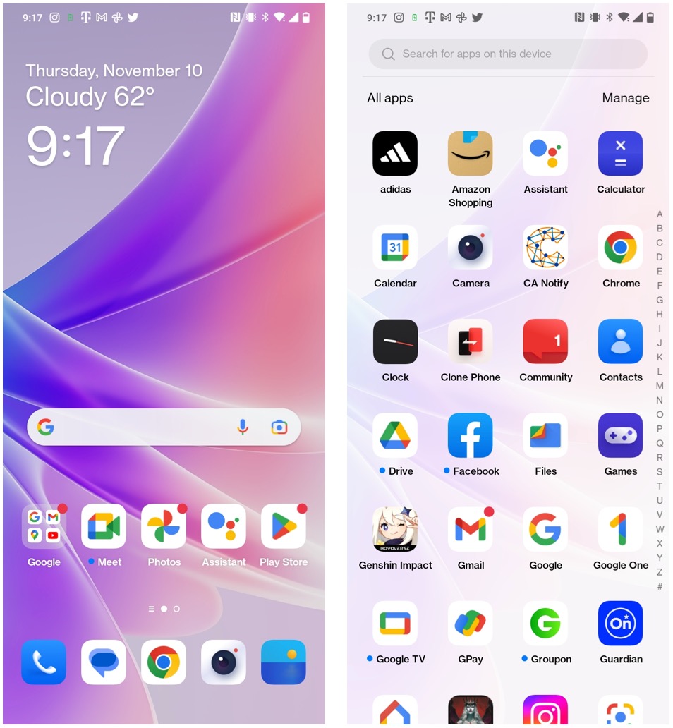 OxygenOS 12 screenshots of the Home Screen and App Drawer