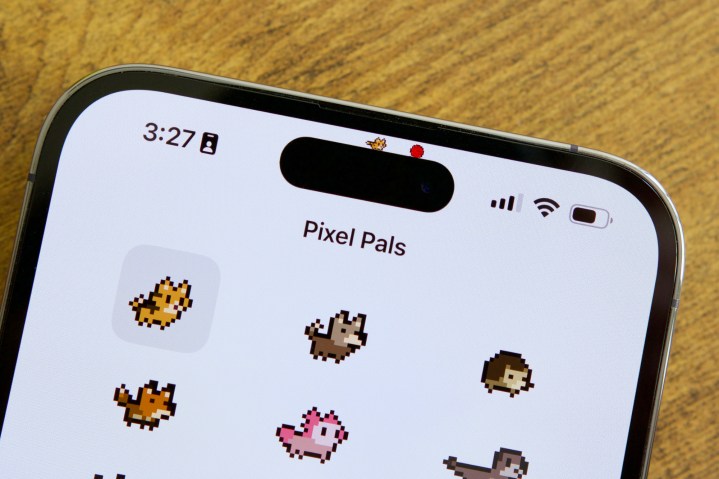 The Pixel Pals app on an iPhone 14 Pro Max.  A digital cat is chasing a red ball on top of the Dynamic Island.