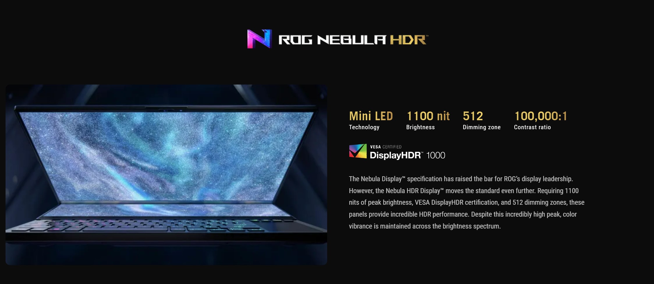 Una página de bienvenida para las pantallas ROG Nebula HDR.