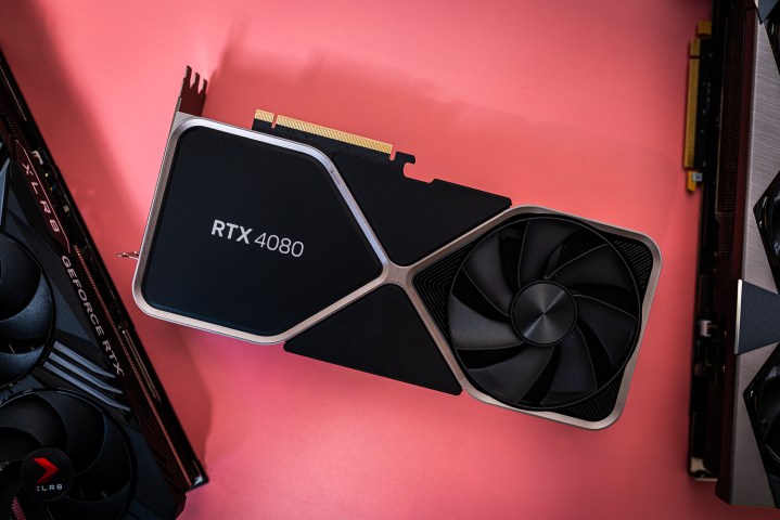 An Nvidia GeForce RTX 4080 sits on a pink deck.