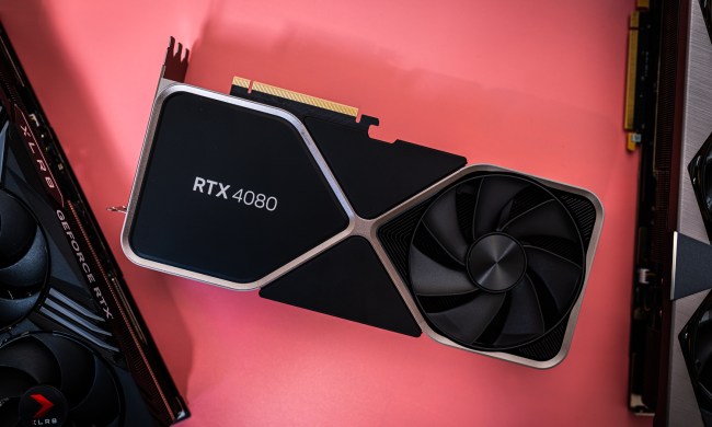 Nvidia GeForce RTX 4080 lays on a pink surface.
