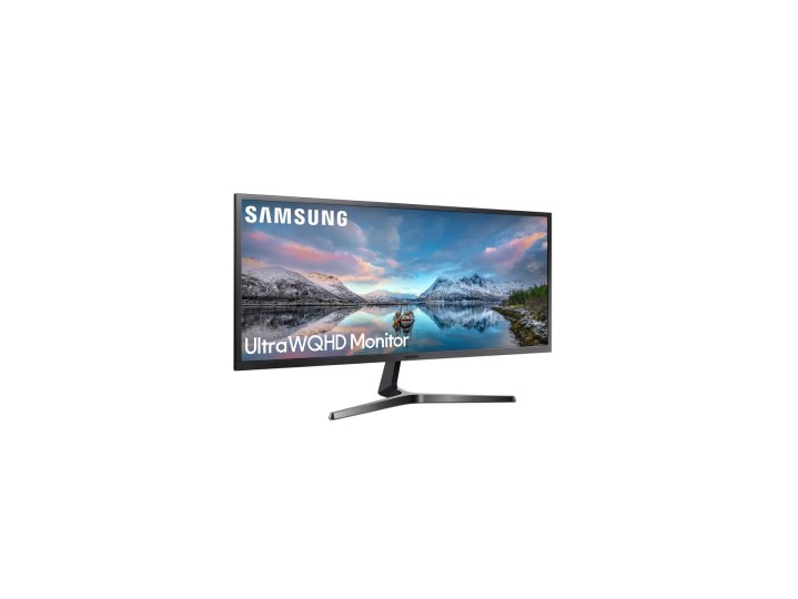 A side view of a Samsung Ultra wide QHD monitor on a white background.