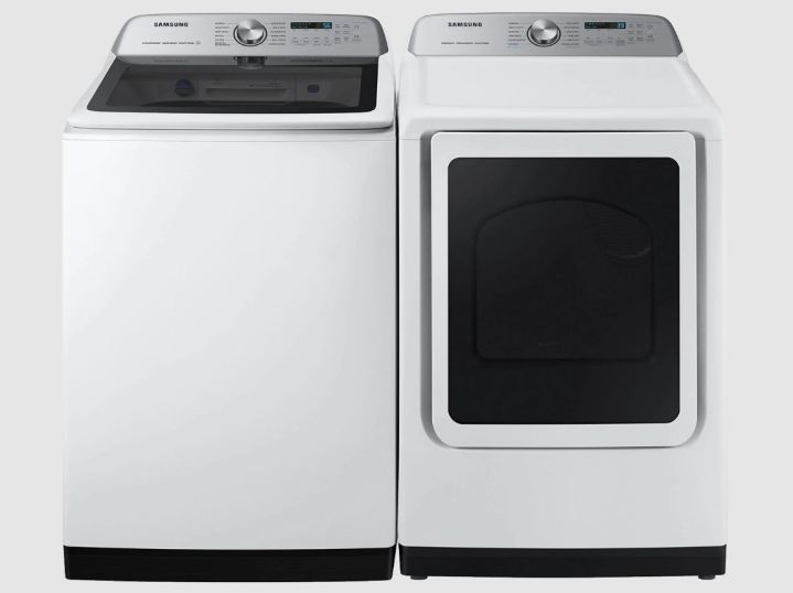 White and black washer and dryer combo from Samsung.