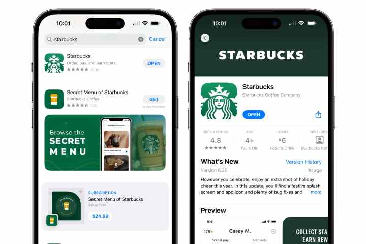 Two iPhones showing a search for the Starbucks app on the App Store.