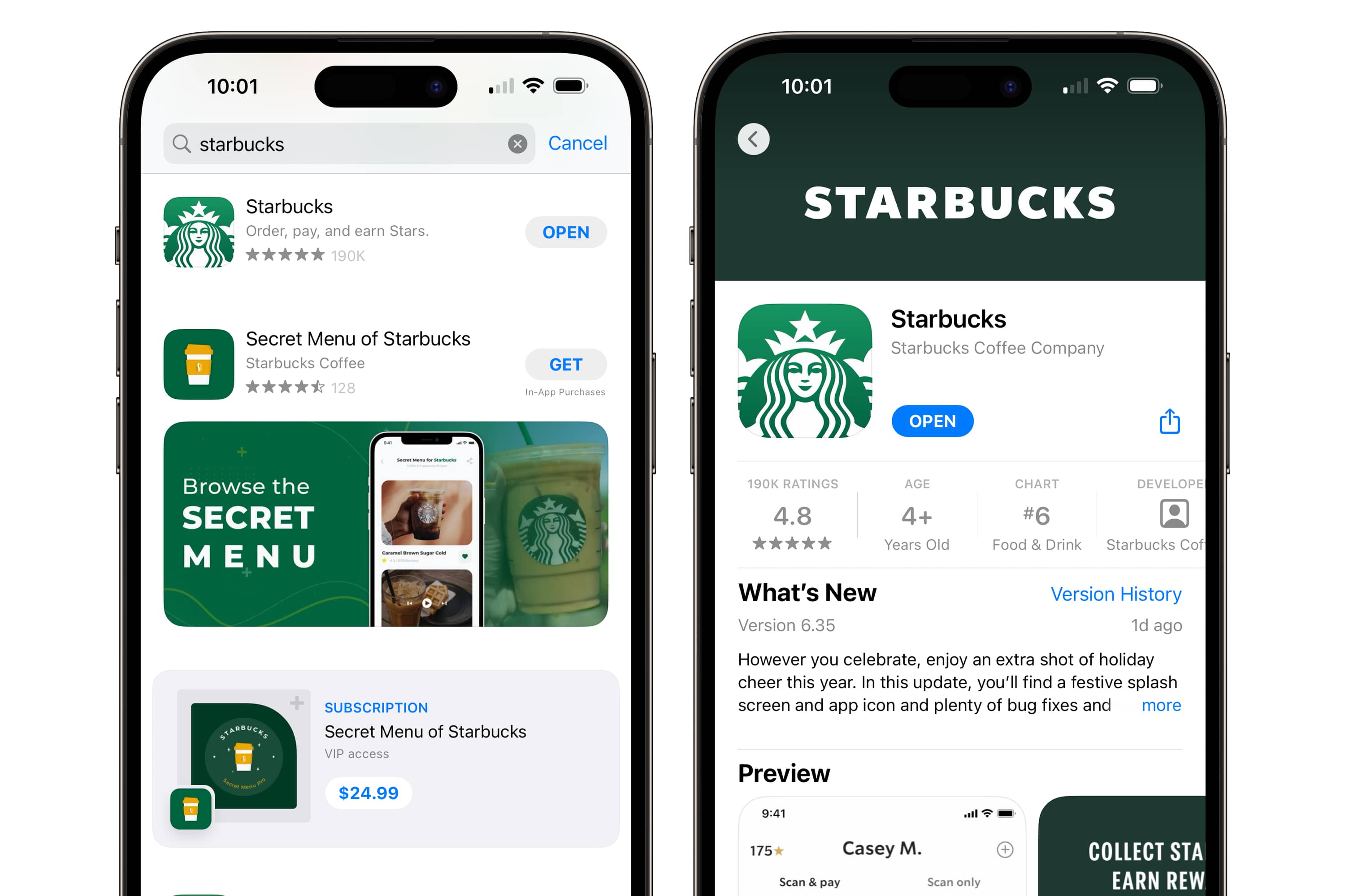 Dos iPhones que muestran una búsqueda de la aplicación de Starbucks en la App Store.